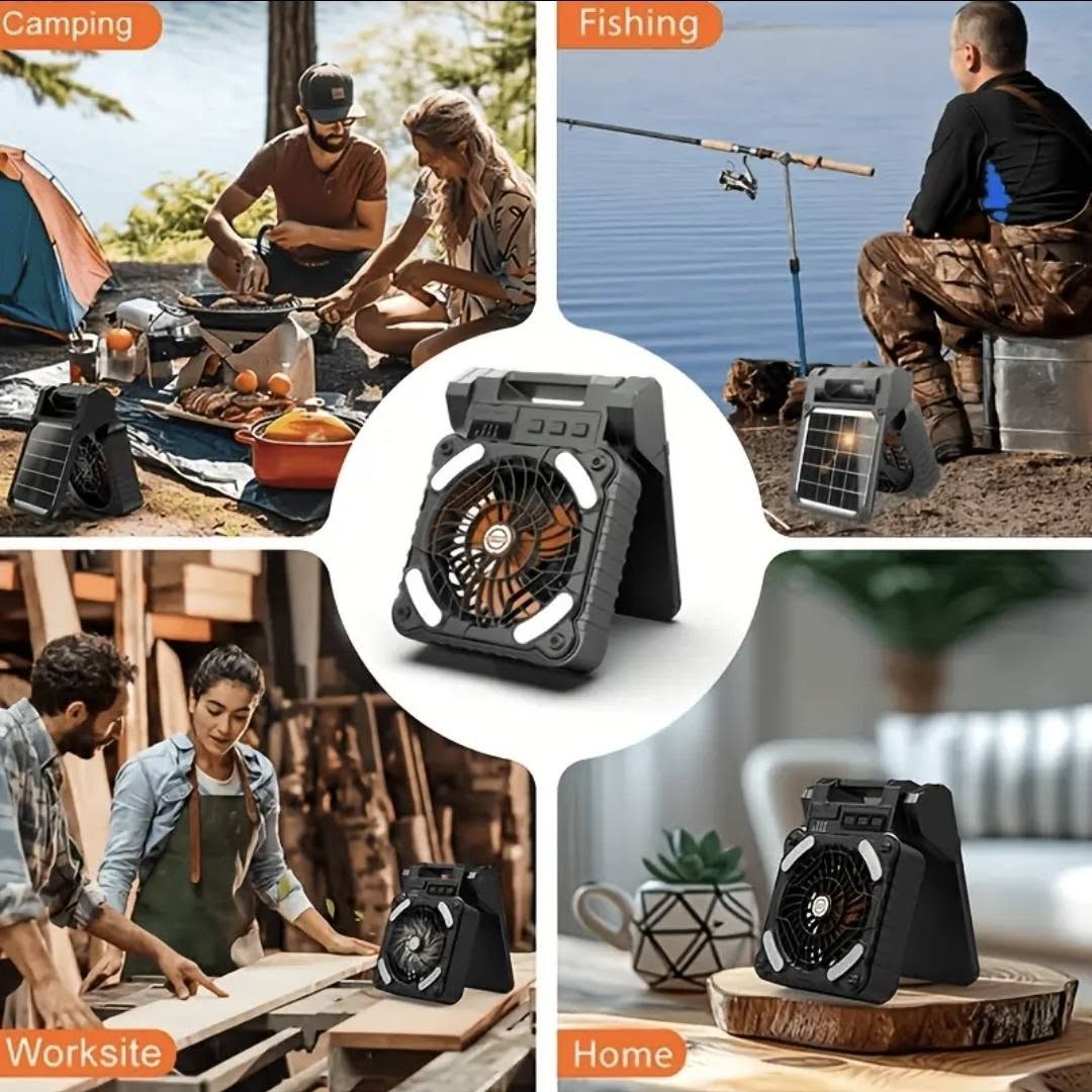 3-in-1 Rechargeable Solar Camping Fan | LED Lantern & Power Bank