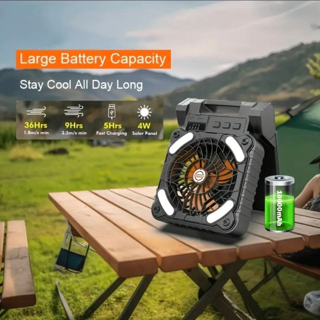3-in-1 Rechargeable Solar Camping Fan | LED Lantern & Power Bank