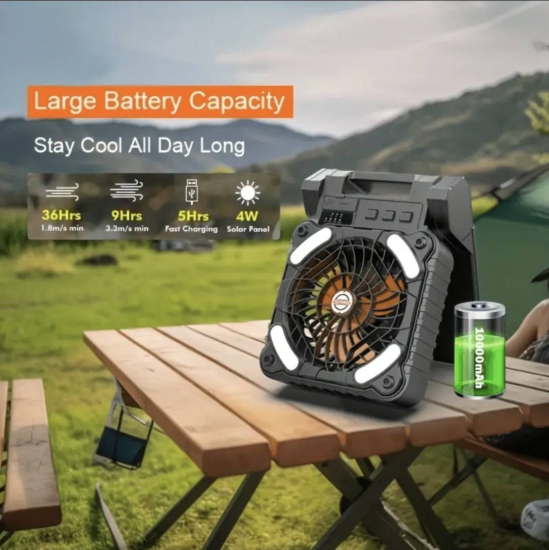 3-in-1 Rechargeable Solar Camping Fan | LED Lantern & Power Bank
