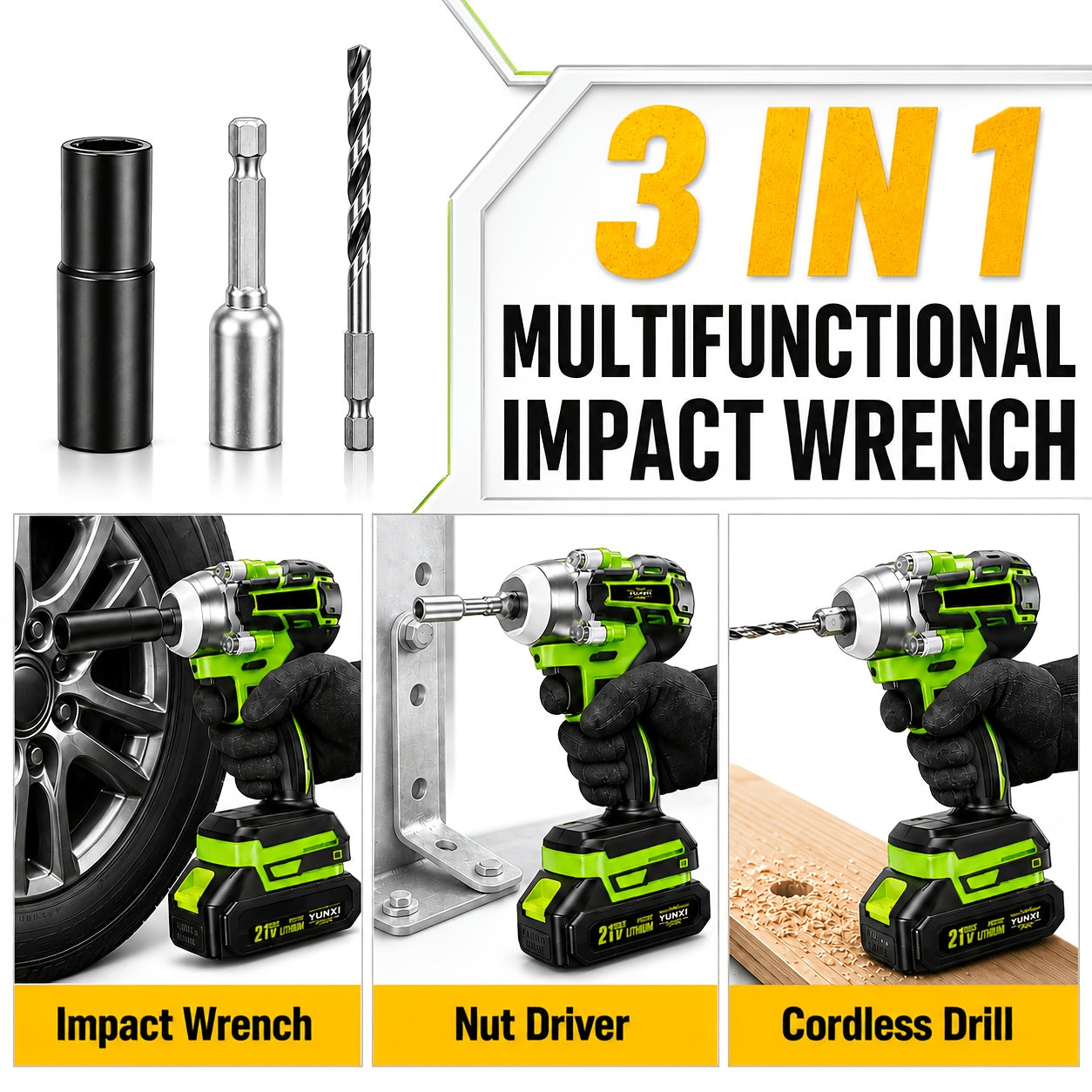 🔩 21V Brushless 3 in 1 Impact Wrench Set (Includes 2 Batteries)